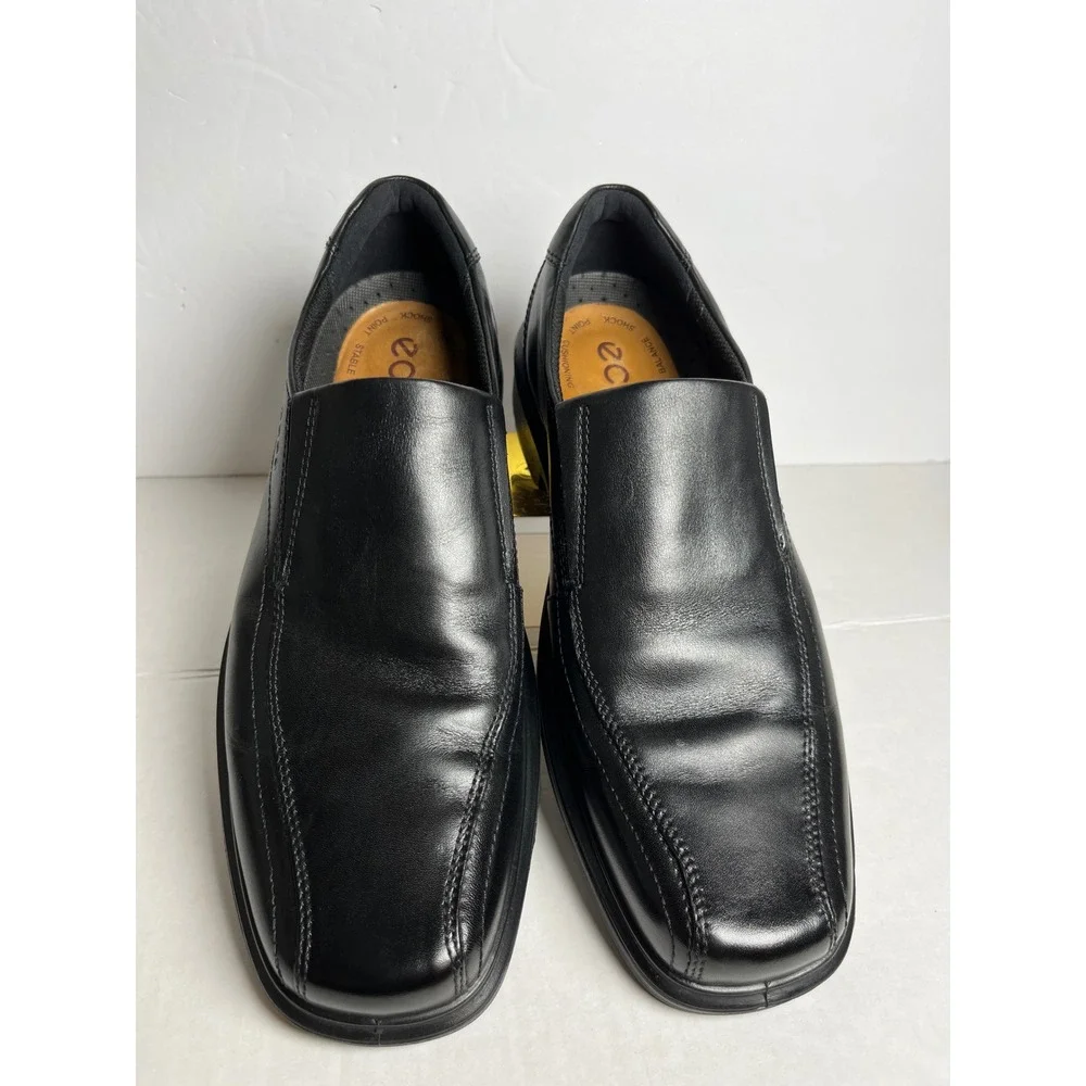 ECCO Helsinki Mens Black Leather Slip On Loafers Square Toe Dress Shoes